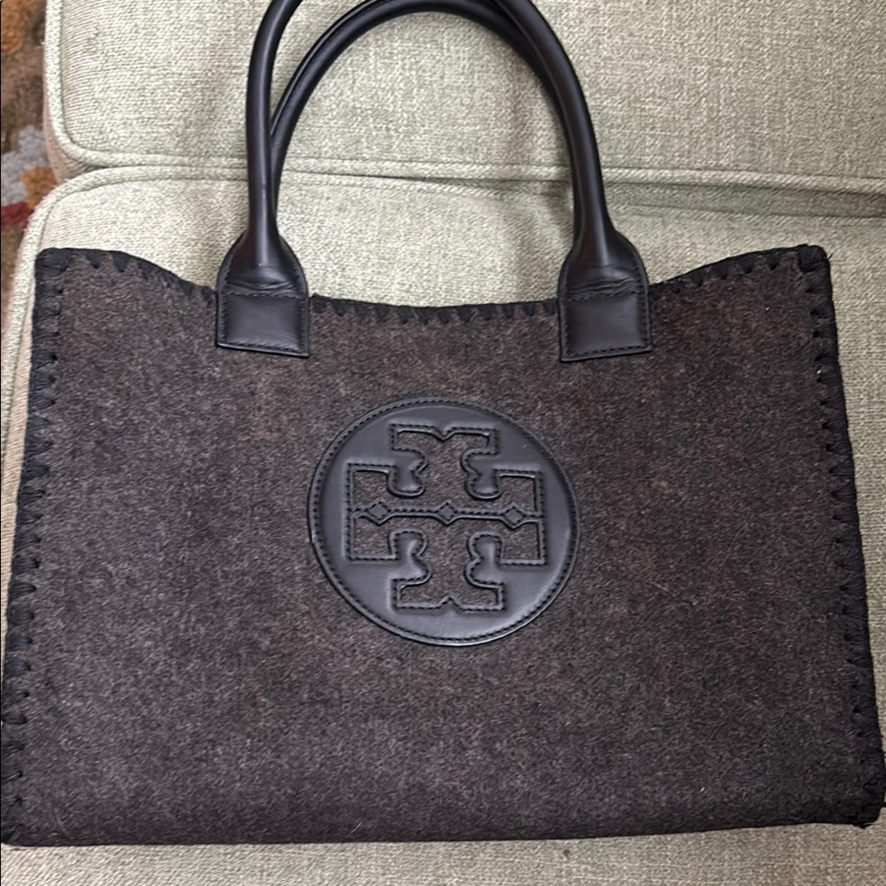Tory Burch Dark Brown Wool Tote with Leather Trim